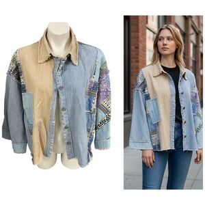 Shein Patchwork Jacket Womens Size Large Denim Cottagecore Boho Grunge Festival